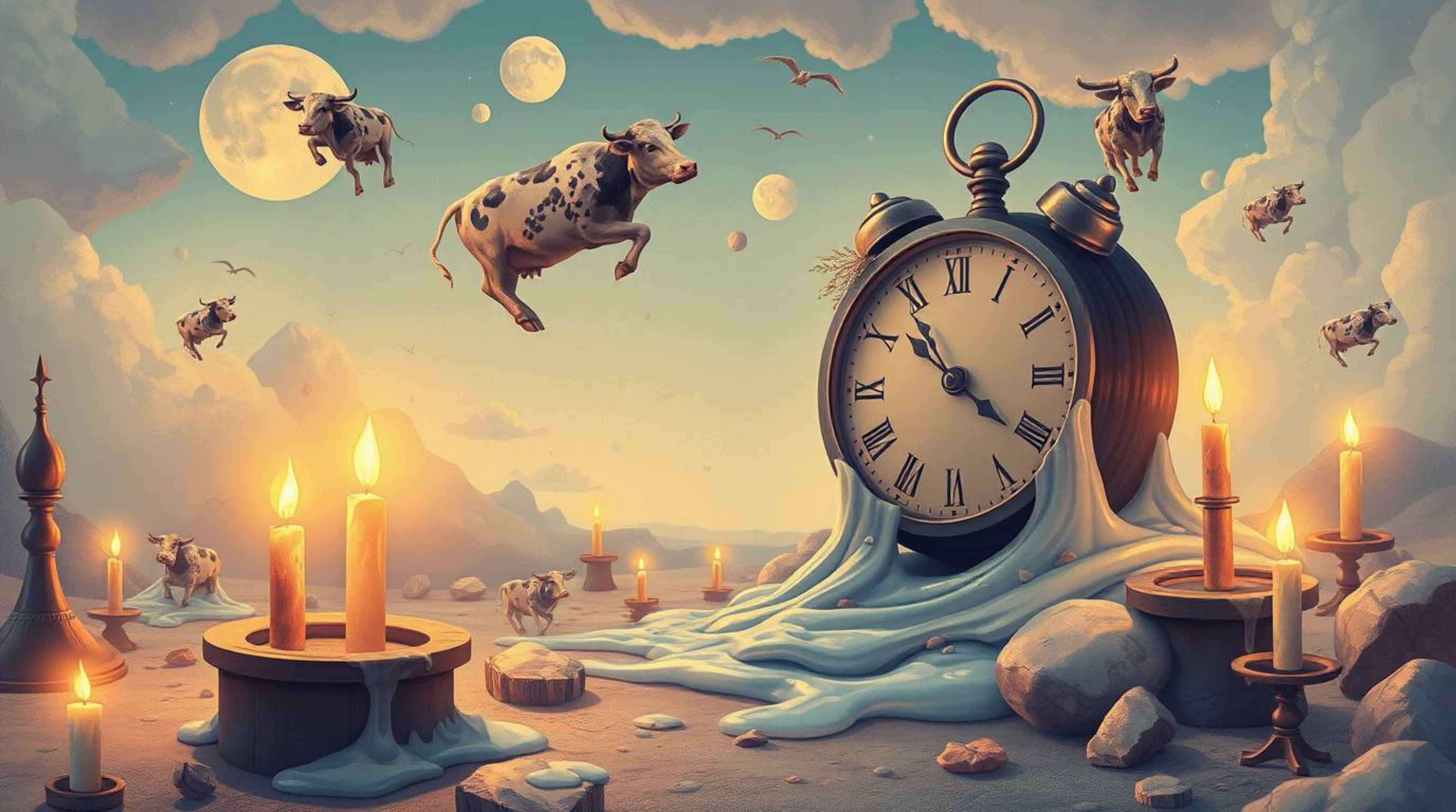 Immerse yourself in a surreal dreamscape featuring melting clocks and floating cows, beautifully rendered in soft pastel colo