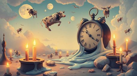 Immerse yourself in a surreal dreamscape featuring melting clocks and floating cows, beautifully rendered in soft pastel colo