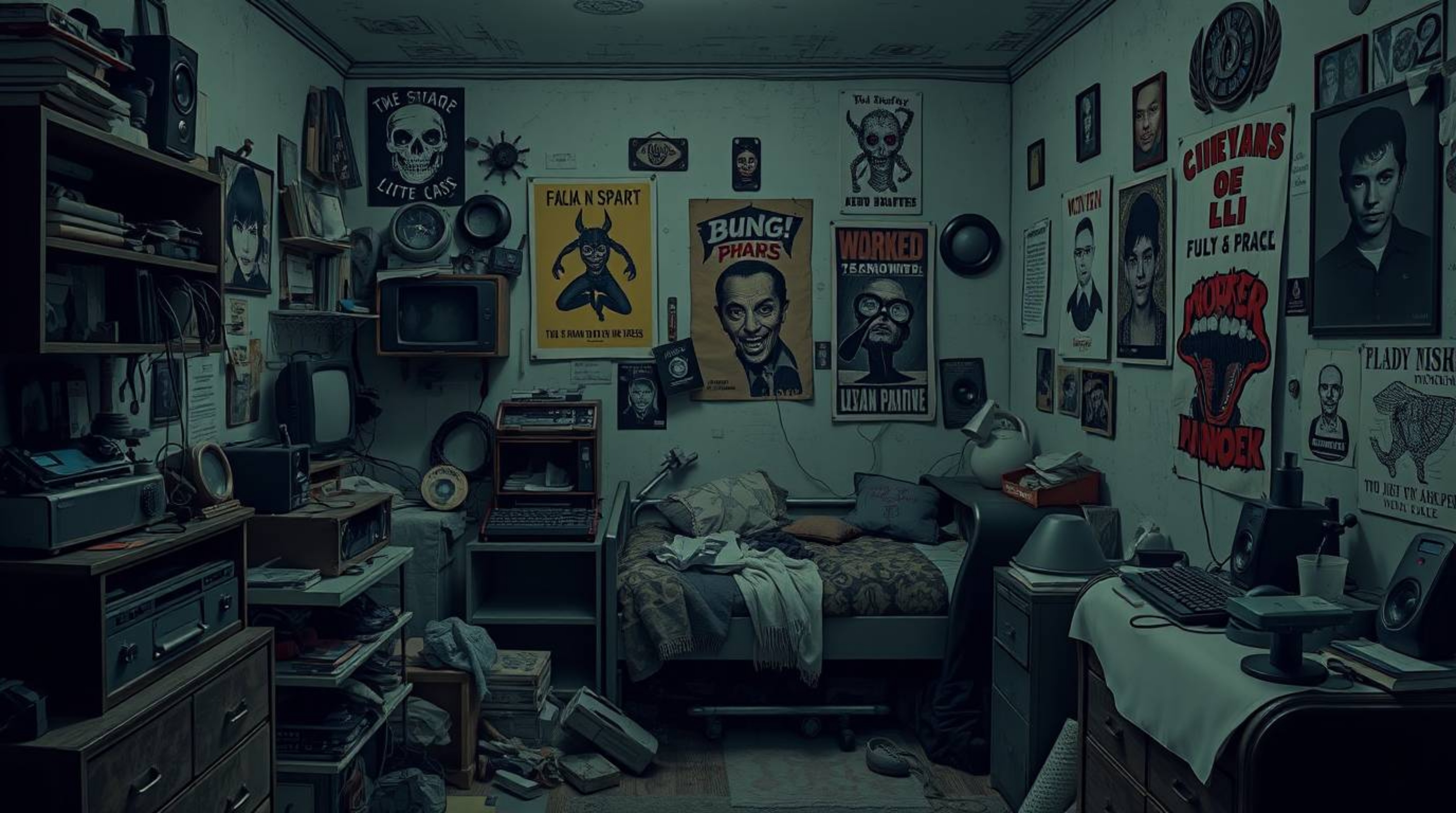 Explore a messy bedroom scene filled with an eclectic mix of weird gadgets and captivating posters, all rendered in a strong,