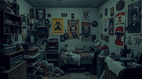 Explore a messy bedroom scene filled with an eclectic mix of weird gadgets and captivating posters, all rendered in a strong,