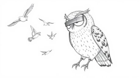 A heartwarming scene unfolds in this hand-drawn, textured pencil sketch depicting a blind owl, rendered in Pixar style, patie