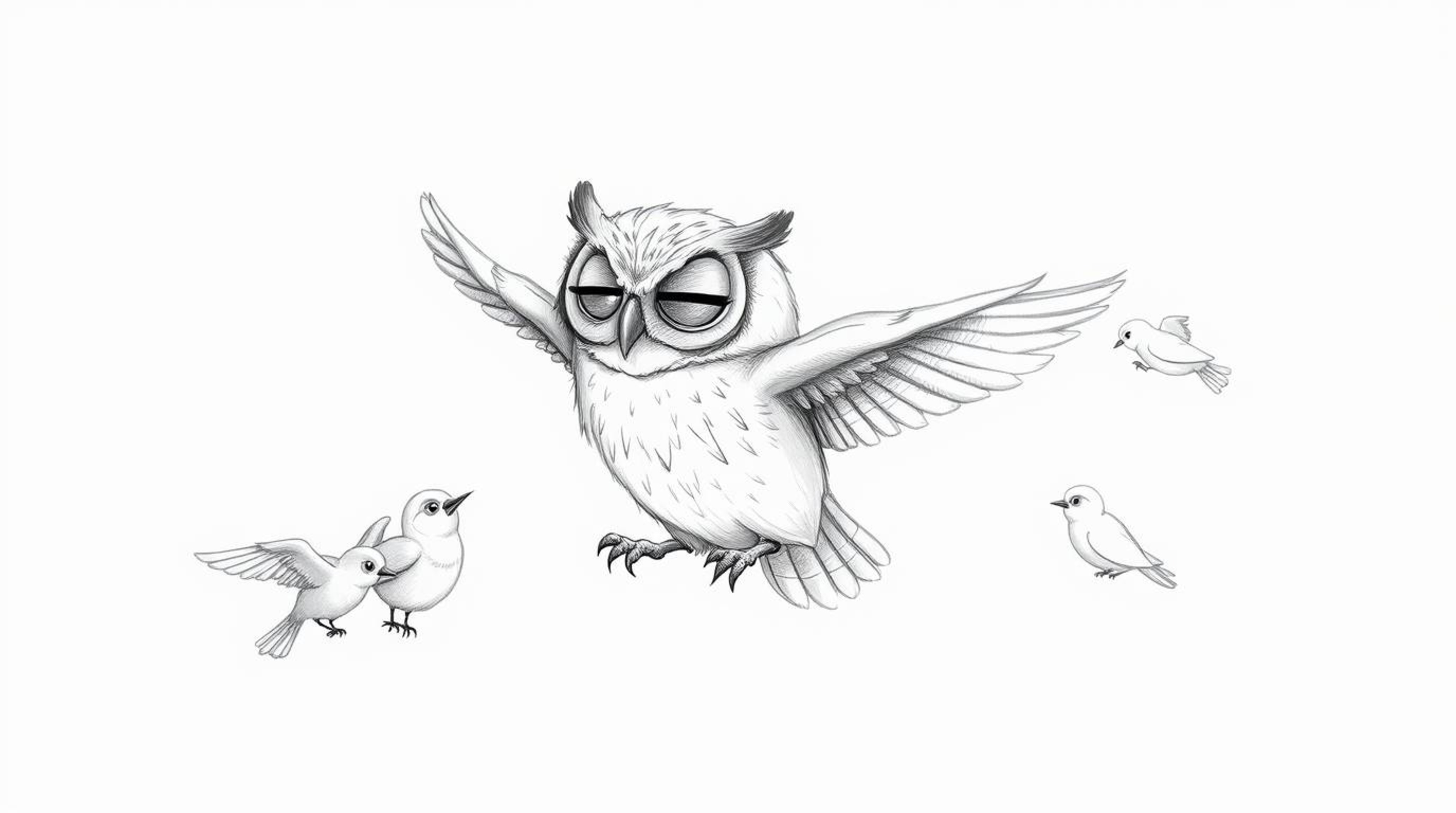 A textured pencil sketch depicts a blind owl, rendered in a style reminiscent of Pixar animation, patiently guiding young bir
