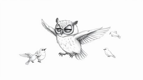 A textured pencil sketch depicts a blind owl, rendered in a style reminiscent of Pixar animation, patiently guiding young bir
