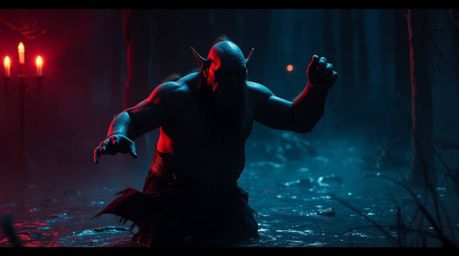 A cinematic style image of an ogre dancing in a swamp, featuring rich burgundy and deep blue tones and dramatic lighting to c