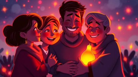 Experience a heartwarming family reunion captured in a stunning Pixar-style illustration. Bathed in the warm, vibrant glow of