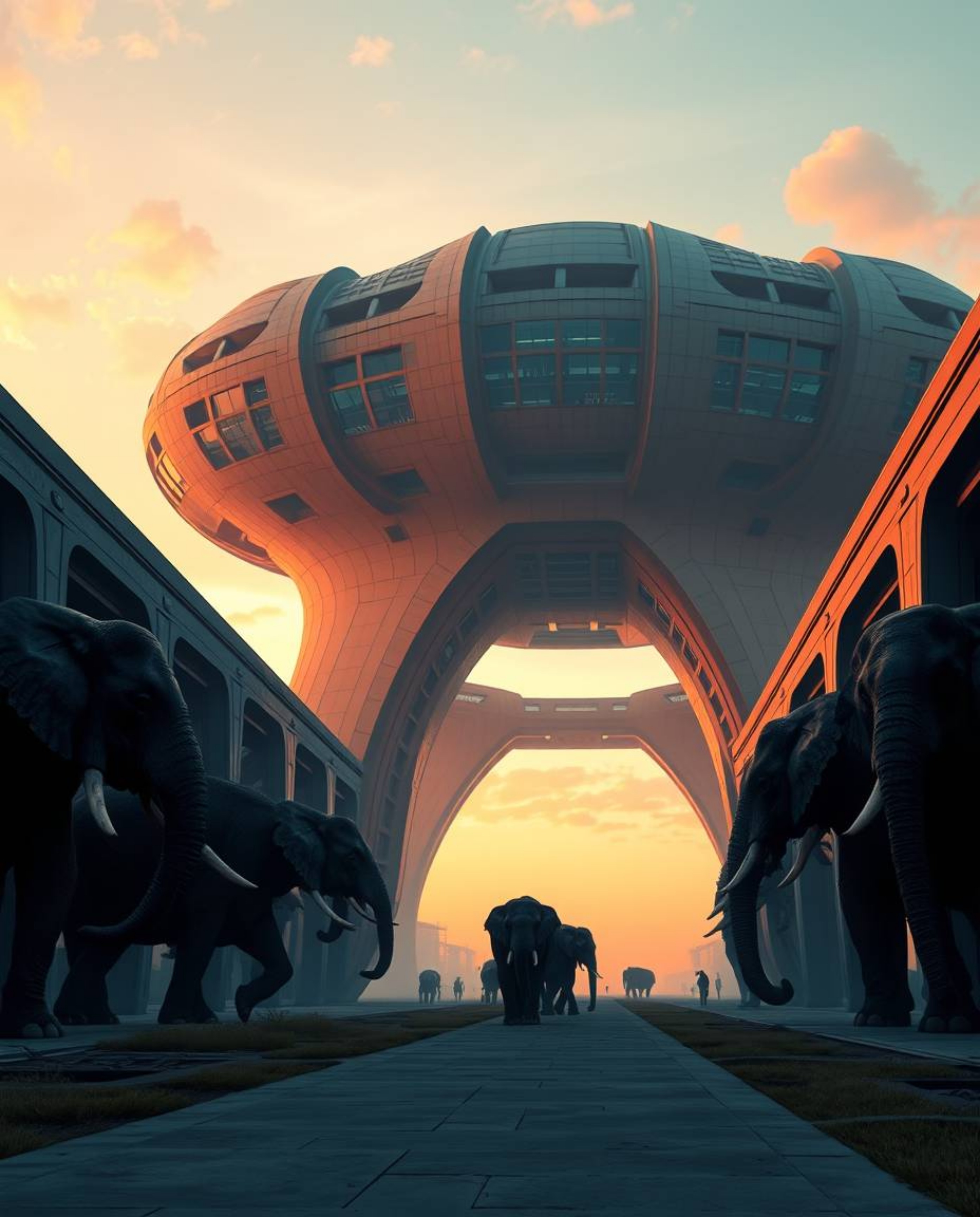 An epic architectural color photograph, creating a modern futuristic scene of elephants walking at sunset. The image features