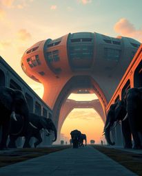 An epic architectural color photograph, creating a modern futuristic scene of elephants walking at sunset. The image features