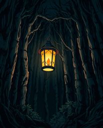 A captivating isekai anime-style illustration features a glowing lantern illuminating a dark and mysterious forest. The artwo