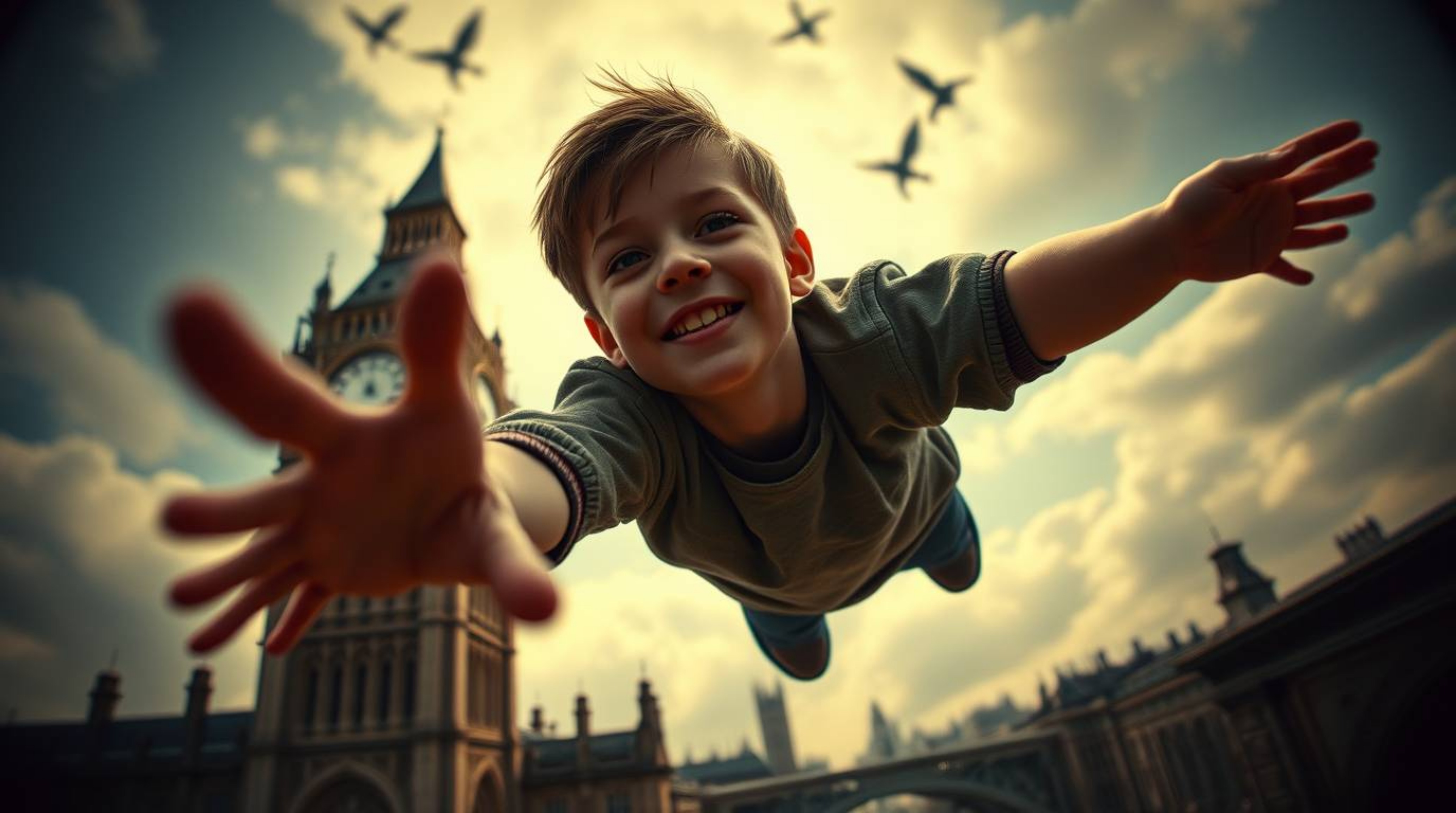 A captivating image depicting a young boy soaring above the iconic London skyline, sprinkled with magical pixie dust.  The sc