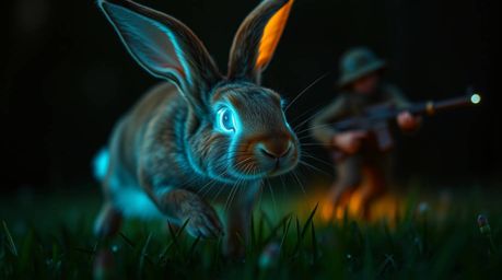 Experience an extreme macro close-up showcasing glowing bioluminescent colors. A wacky rabbit with glowing eyes is the subjec