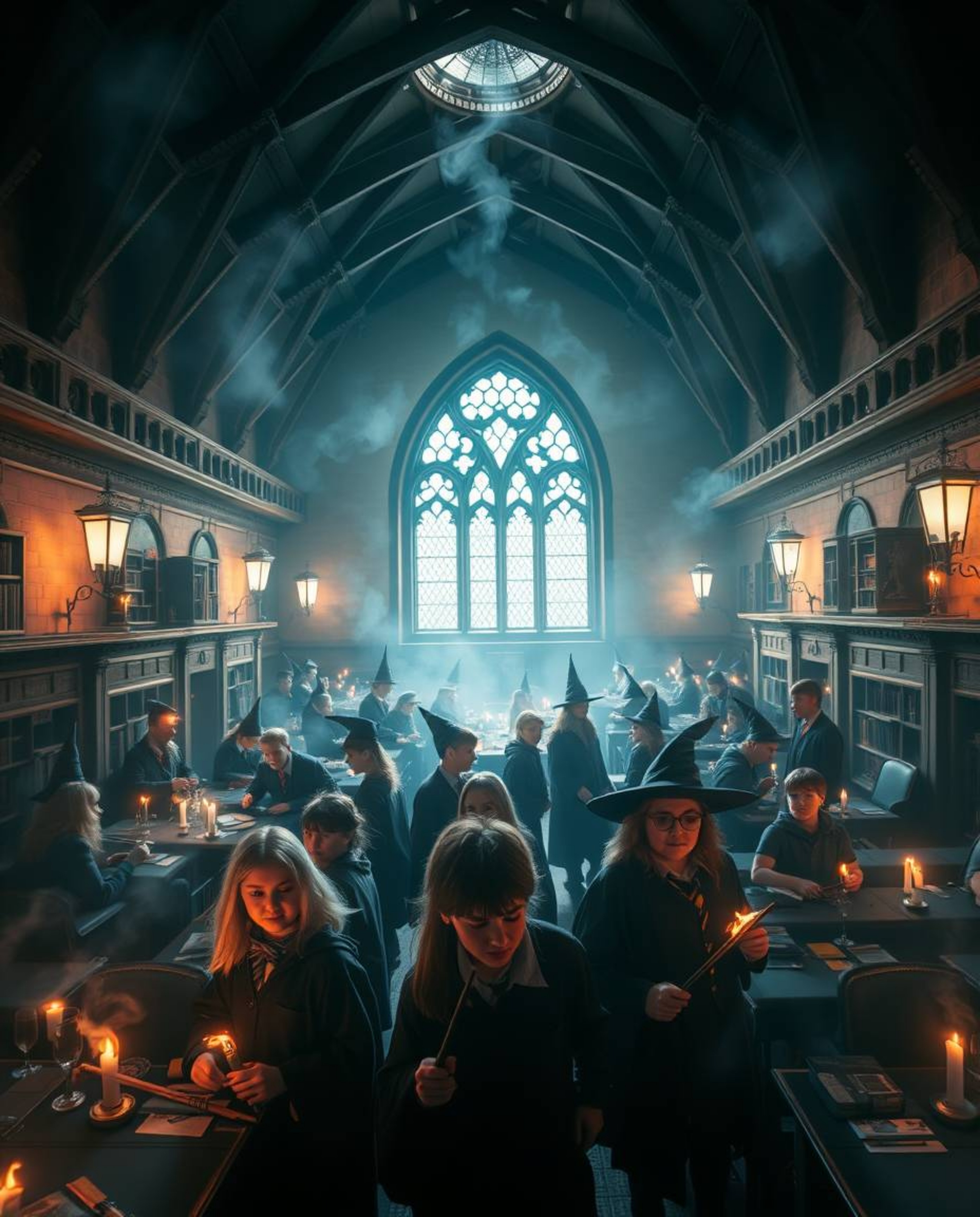Capture the enchanting world of a magical school with this high-resolution stock photo. Filled with young wizards and imbued 