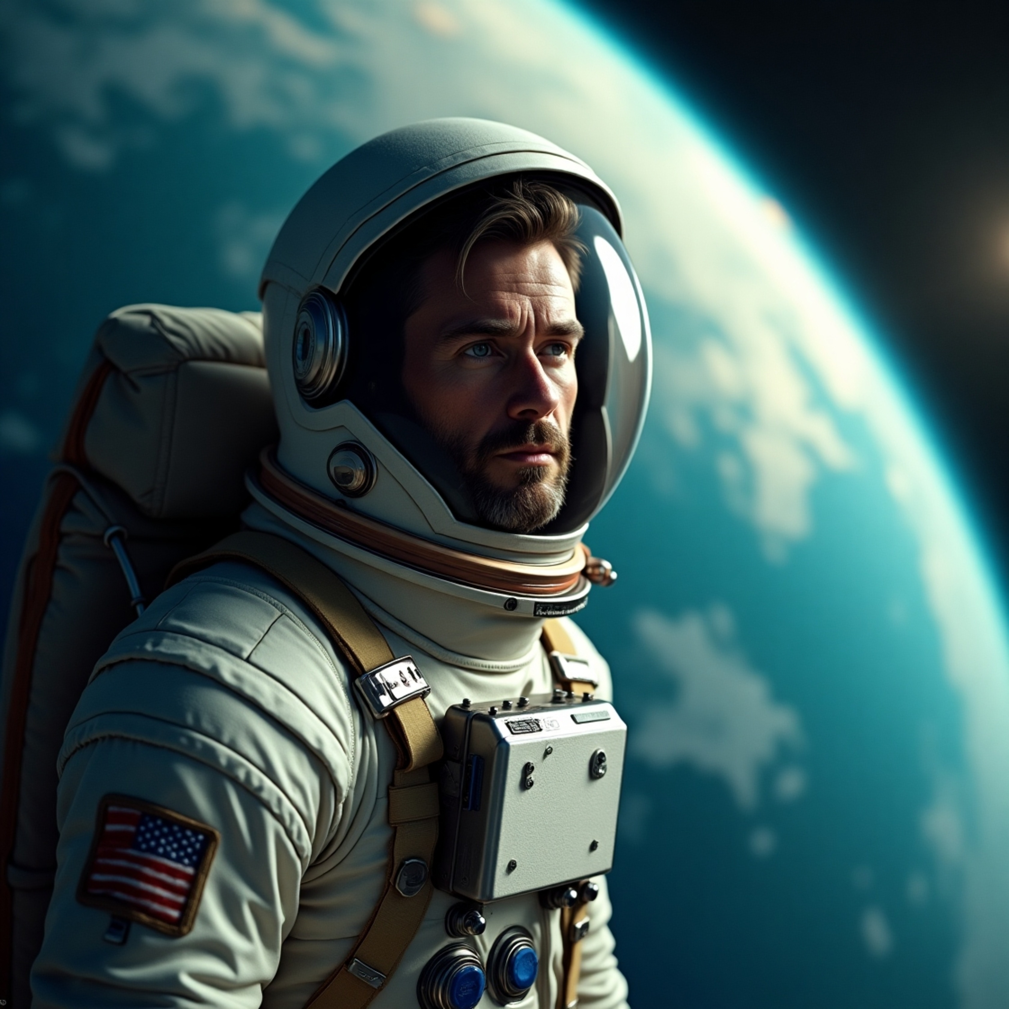 A lone astronaut, a Caucasian male with a determined look, drifts peacefully in the vast emptiness of space. He wears a well-