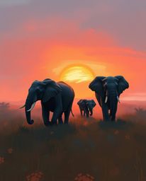 A digital sketch depicting elephants walking across a field at sunset, using loose painterly strokes and creative light art. 