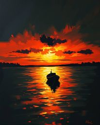 Rendered in a classic oil painting style, this artwork portrays a boat adrift on a lake at sunset using an intense jet-black 