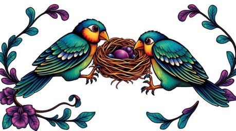 This high angle perspective tattoo art print features two charming cartoon birds diligently building a nest in a classic anim