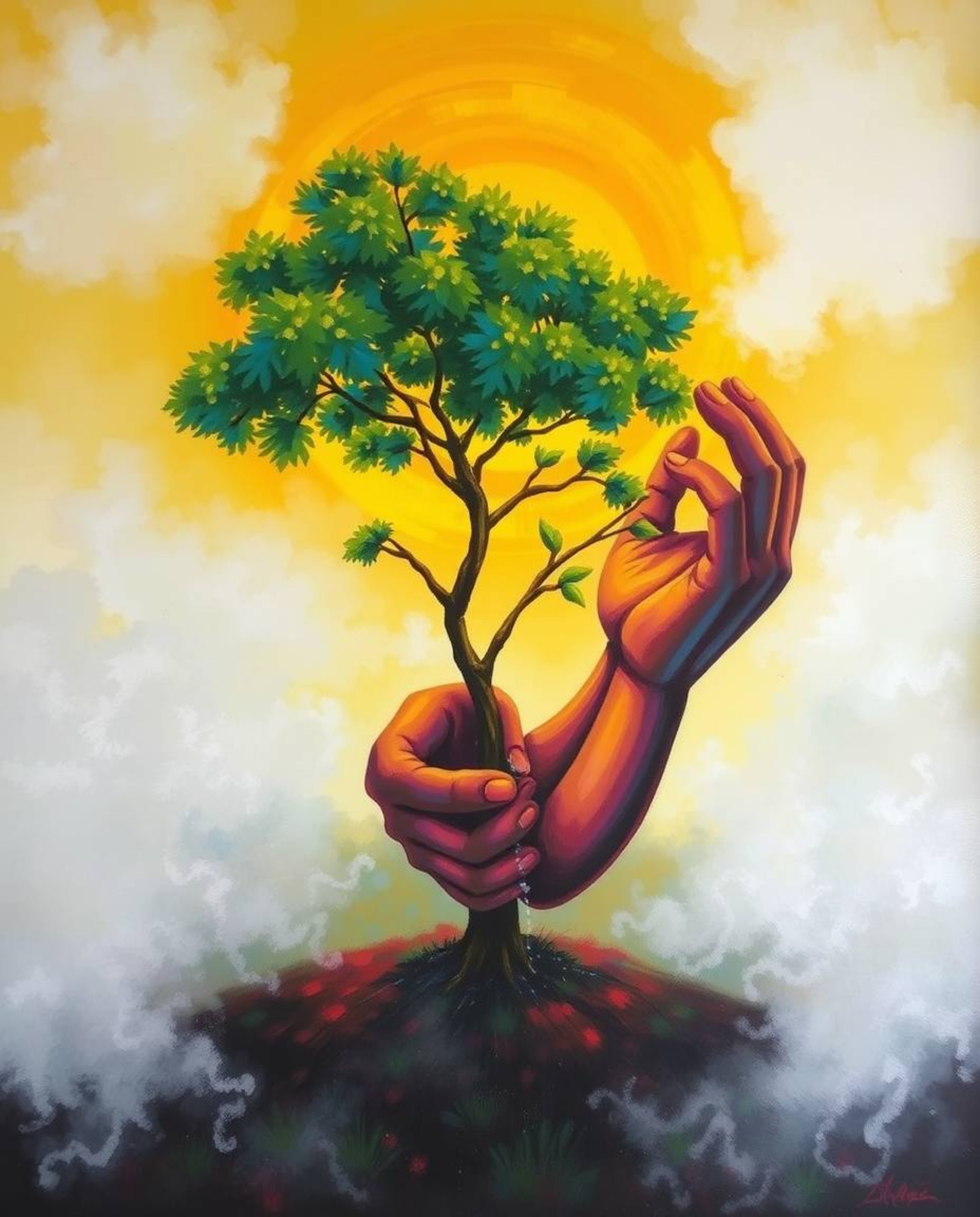 A captivating painting showcases hands diligently planting a tree beneath a breathtaking golden sky.  Thick fog shrouds the b