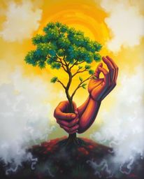 A captivating painting showcases hands diligently planting a tree beneath a breathtaking golden sky.  Thick fog shrouds the b