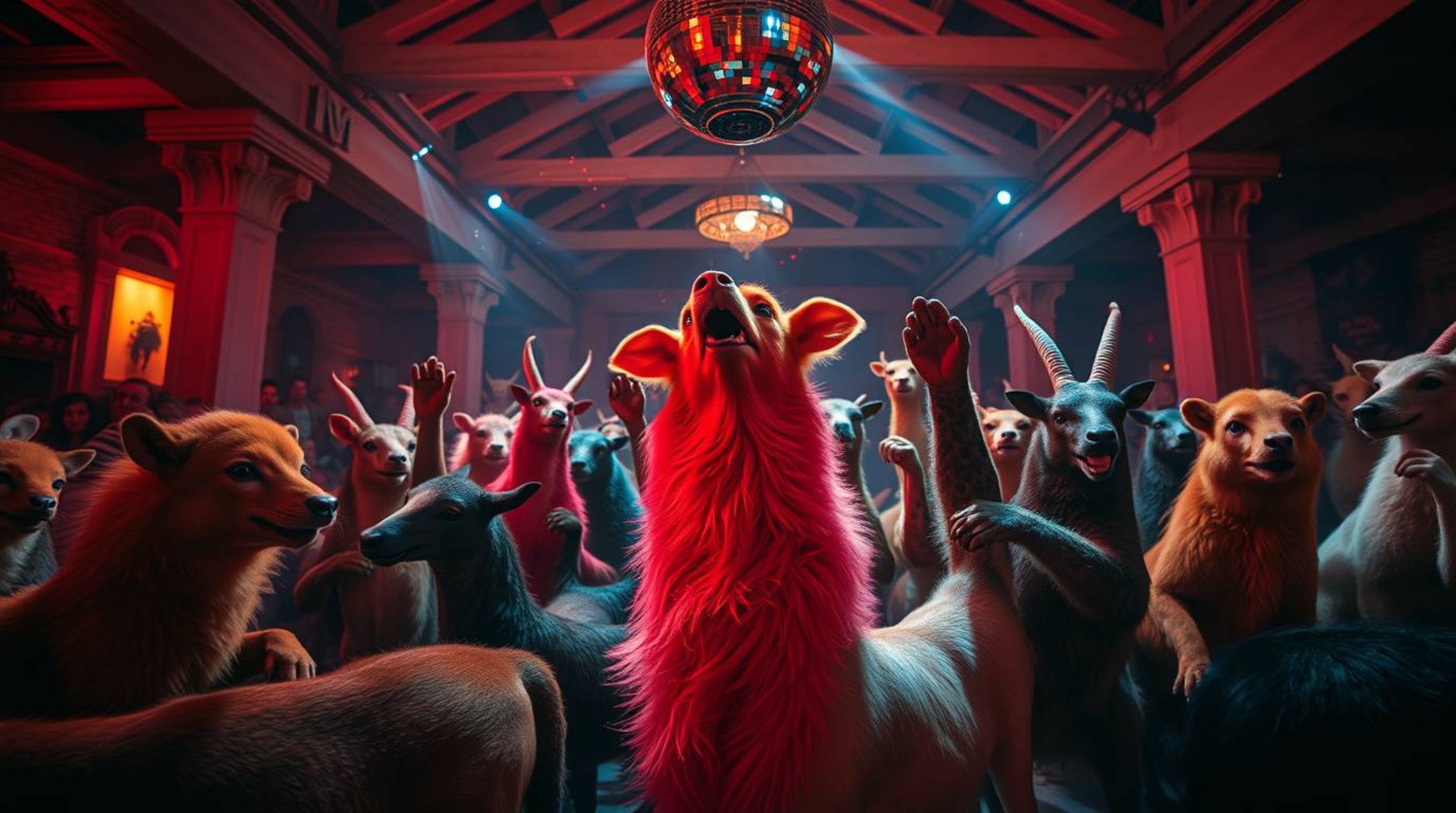 Experience a vibrant animal dance party captured in a striking, moody architectural photography style.  This captivating scen