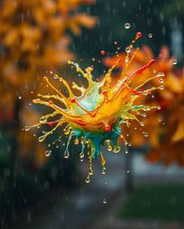 A captivating scene of a wet, rainy day bathed in warm autumn colors, featuring a vibrant splash of colorful paint frozen mid