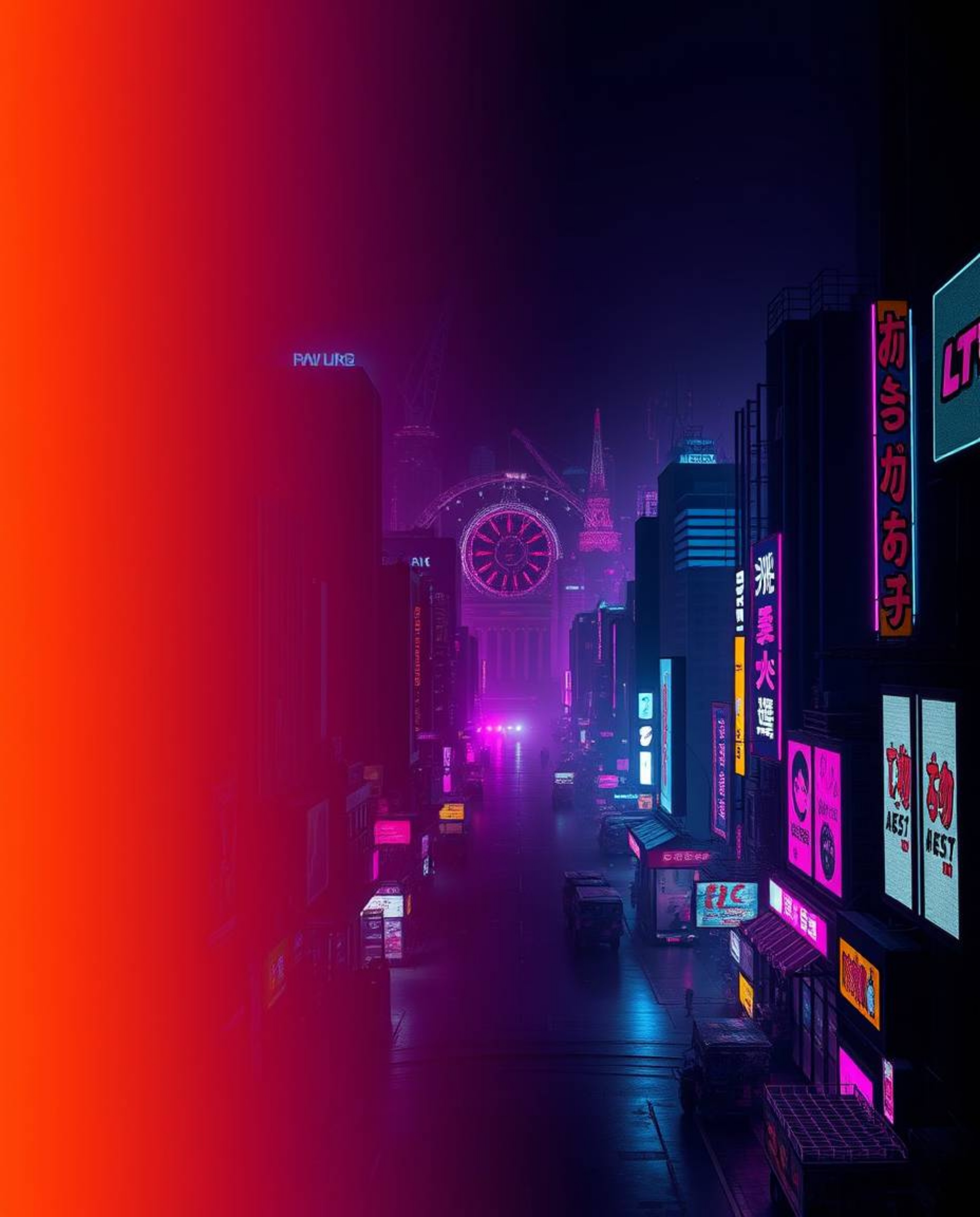 This image showcases a futuristic cityscape bathed in colorful neon splashes within a captivating cyberpunk environment. The 