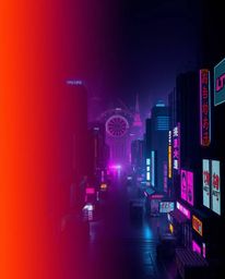 This image showcases a futuristic cityscape bathed in colorful neon splashes within a captivating cyberpunk environment. The 