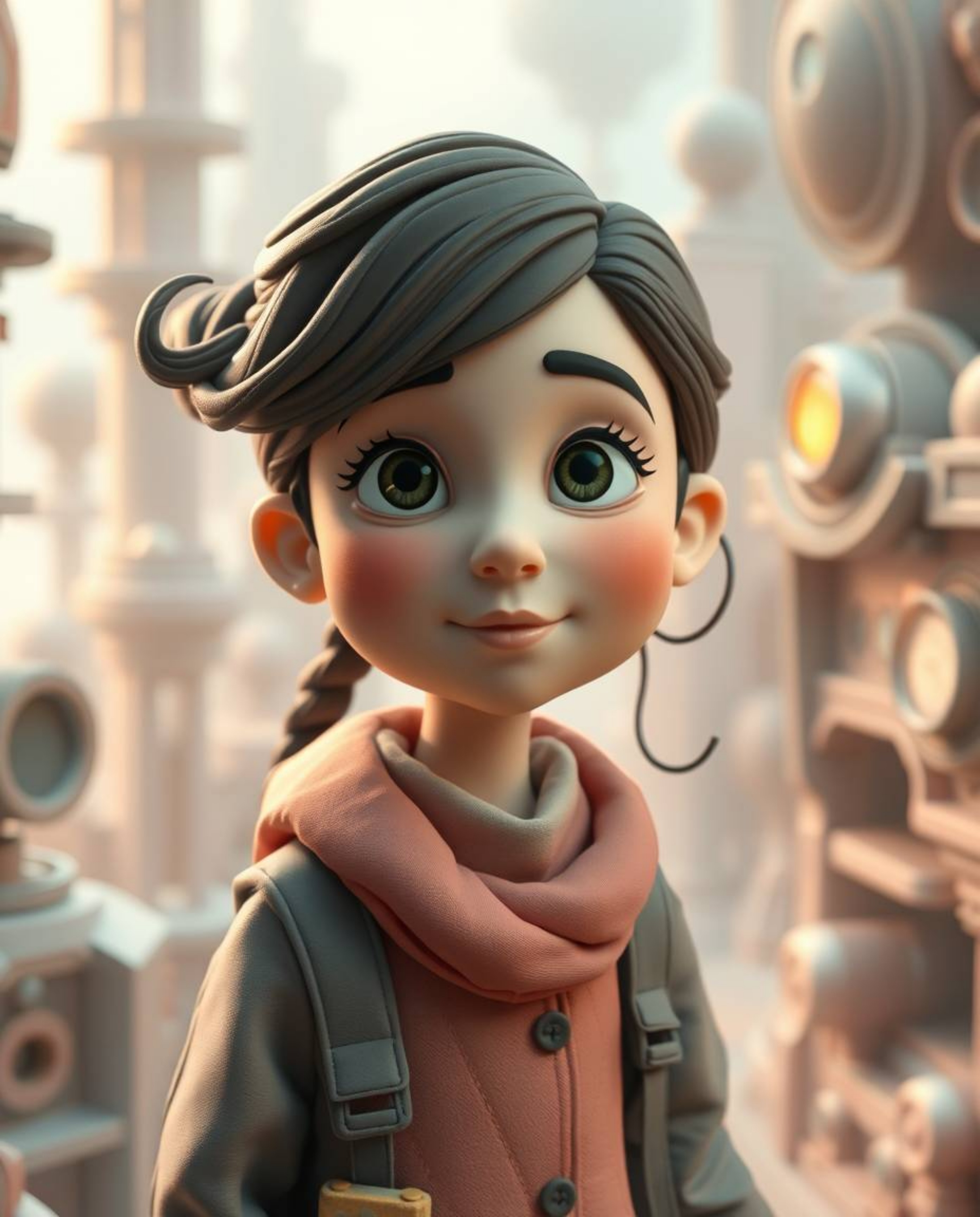 Explore a world where sculptural clay art meets a soft, dreamy atmosphere. A young inventor girl, with rosy cheeks and bright