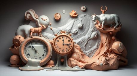 Explore a surreal dreamscape brought to life through sculptural clay art. This mesmerizing piece features melting clocks and 
