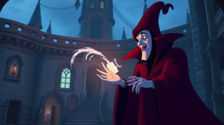 A captivating image of a classic Disney villain casting a spell within the walls of an ancient castle.  Rich burgundy and dee