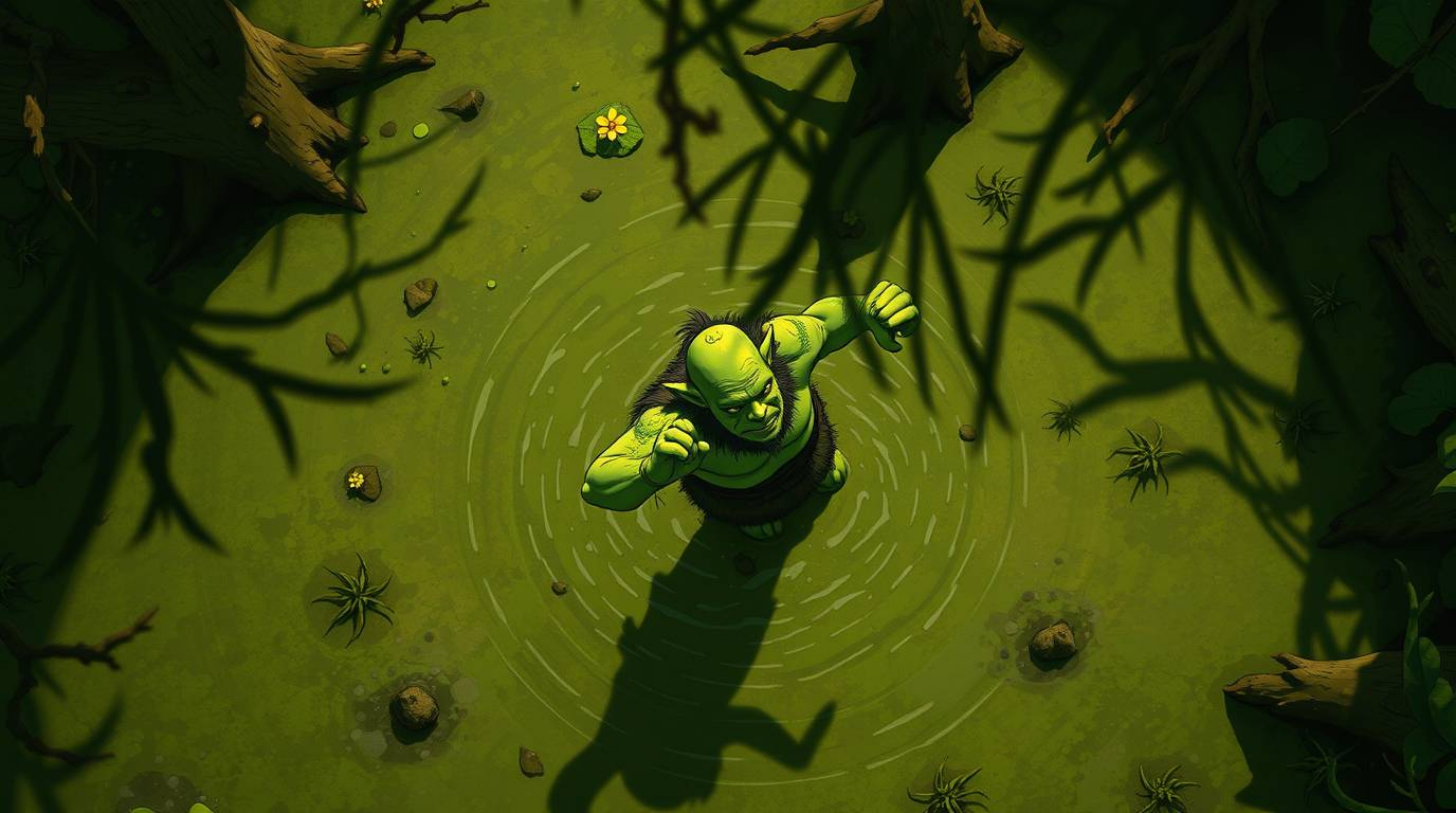 An overhead bird's-eye view illustration depicts an ogre joyfully dancing in a swamp, offering a unique top-down perspective 