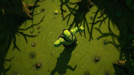 An overhead bird's-eye view illustration depicts an ogre joyfully dancing in a swamp, offering a unique top-down perspective 