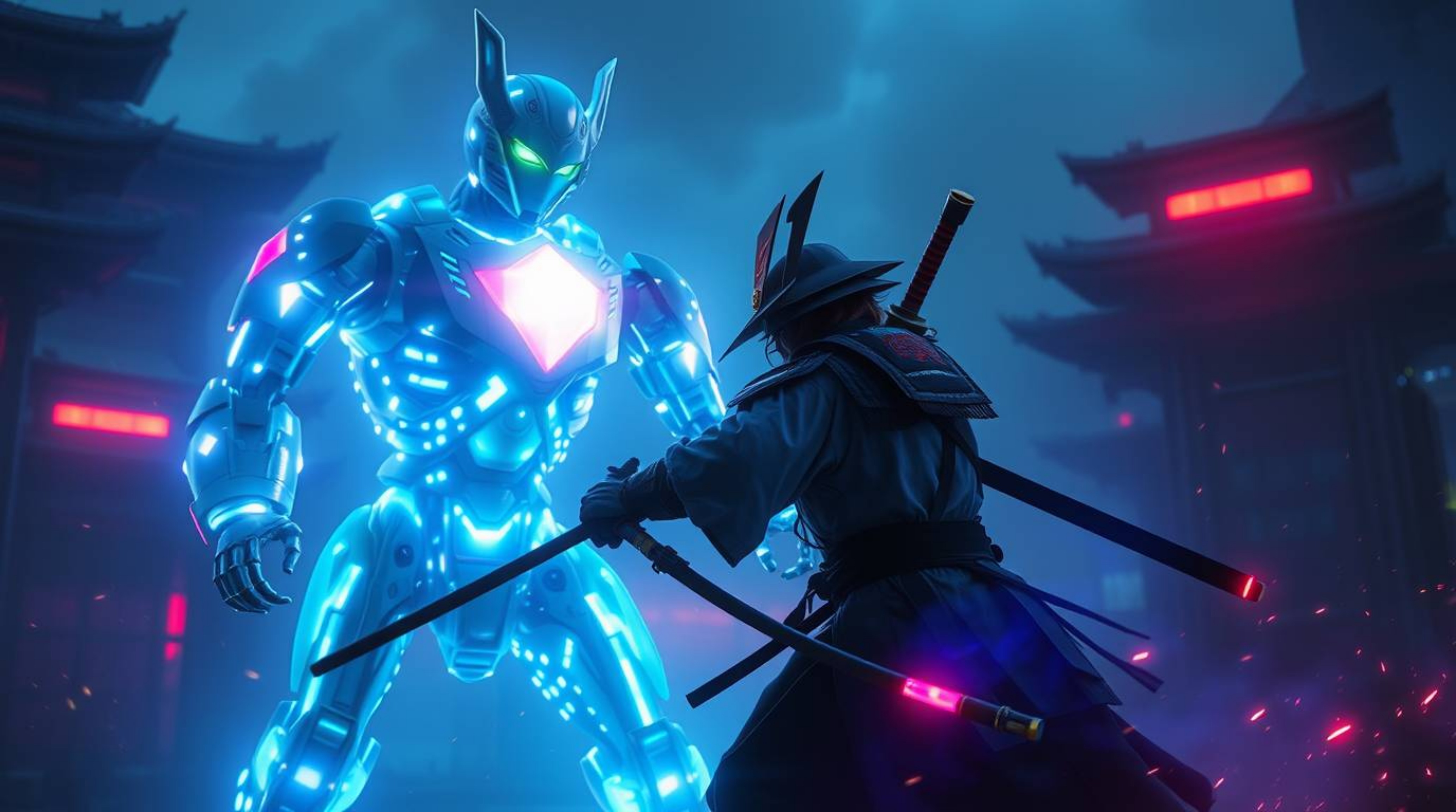 In a dystopian world, a samurai clashes with a formidable robot, their battle illuminated by glowing bioluminescent colors an