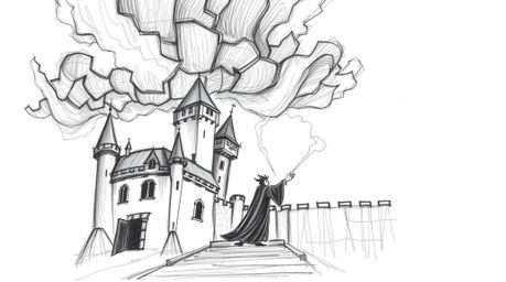 A captivating hand-drawn sketch depicting a classic Disney villain casting a spell within an old castle. The scene is set aga
