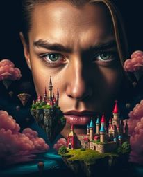 A captivating close-up portrait showcasing a vibrant fantasy kingdom. The artwork features floating islands, majestic castle