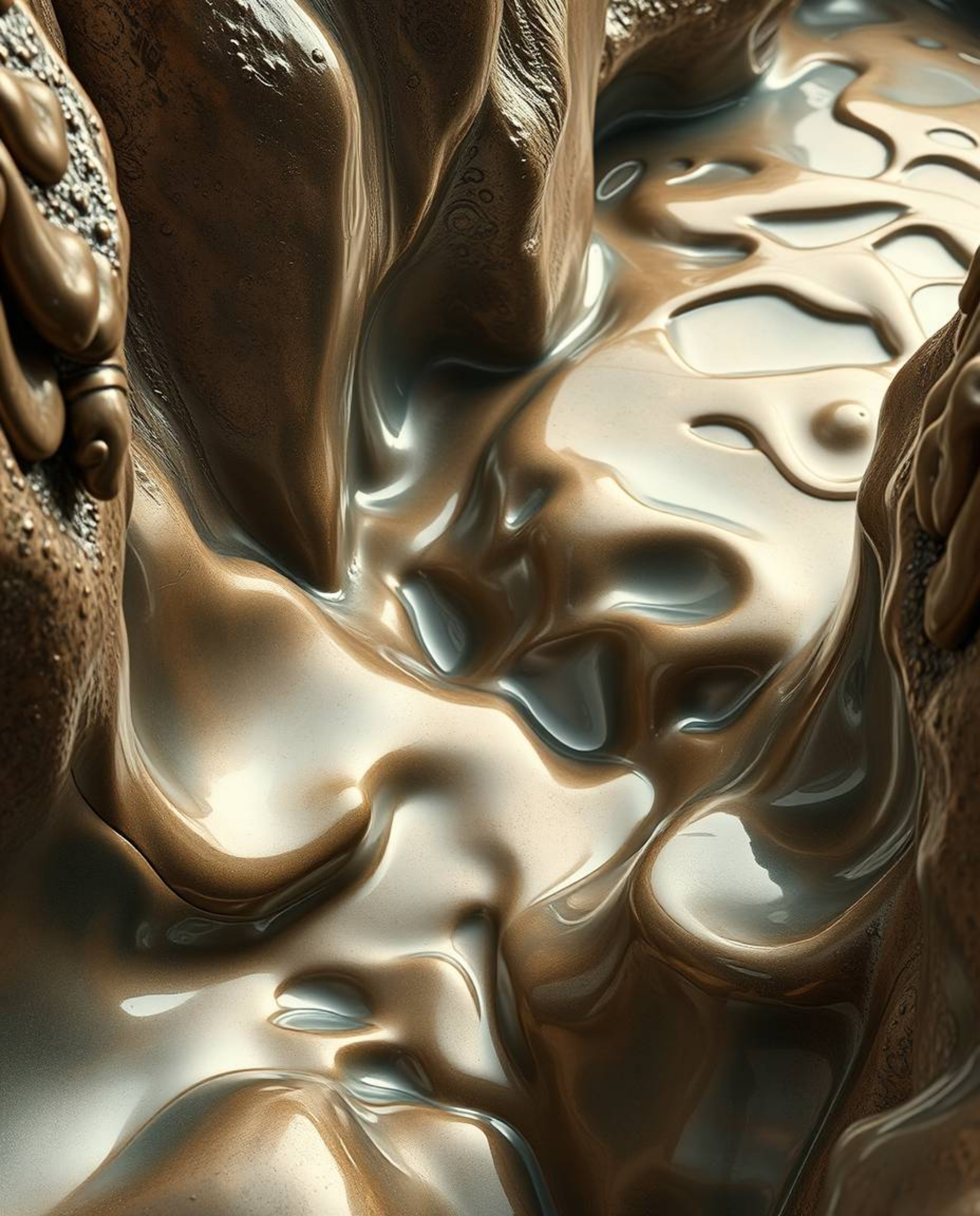This image showcases a surreal, high-angle perspective of 3D fluid shapes that evoke the appearance of melted glass with a ca