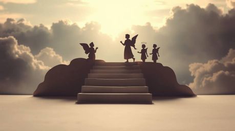 A silhouetted papier-mâché sculpture depicts steps of light ascending into a cloudy sky, with angelic figures watching from t