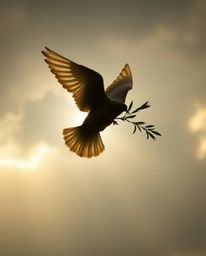 A captivating image of a dove carrying an olive branch, silhouetted against a dramatic backdrop of stormy skies.  The smooth 