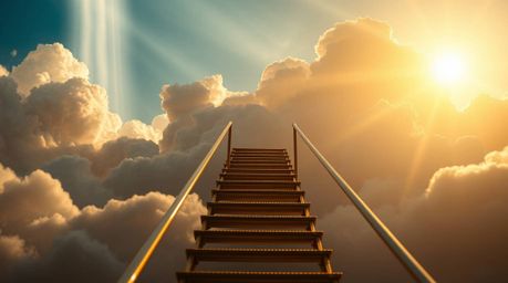 A breathtaking close-up depicts a golden staircase ascending through ethereal clouds towards a radiant heaven. Sunlight pierc