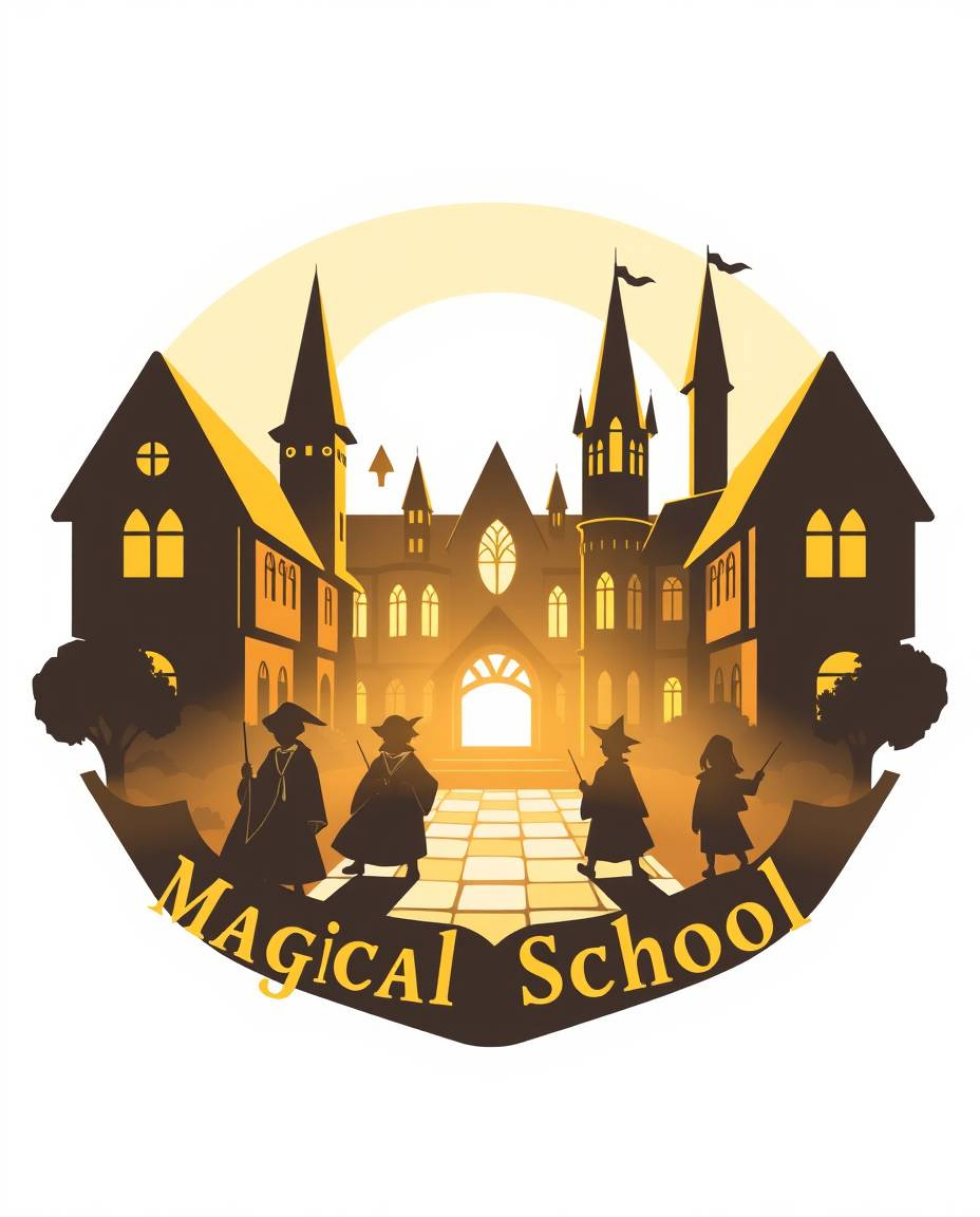This logo design features a magical school brimming with young wizards, bathed in the warm glow of golden hour light. The des