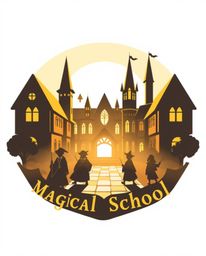 This logo design features a magical school brimming with young wizards, bathed in the warm glow of golden hour light. The des