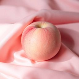 This image features a close-up, ASMR-inducing view of a soft, blushing pink peach resting on silky pastel pink fabric. The sc