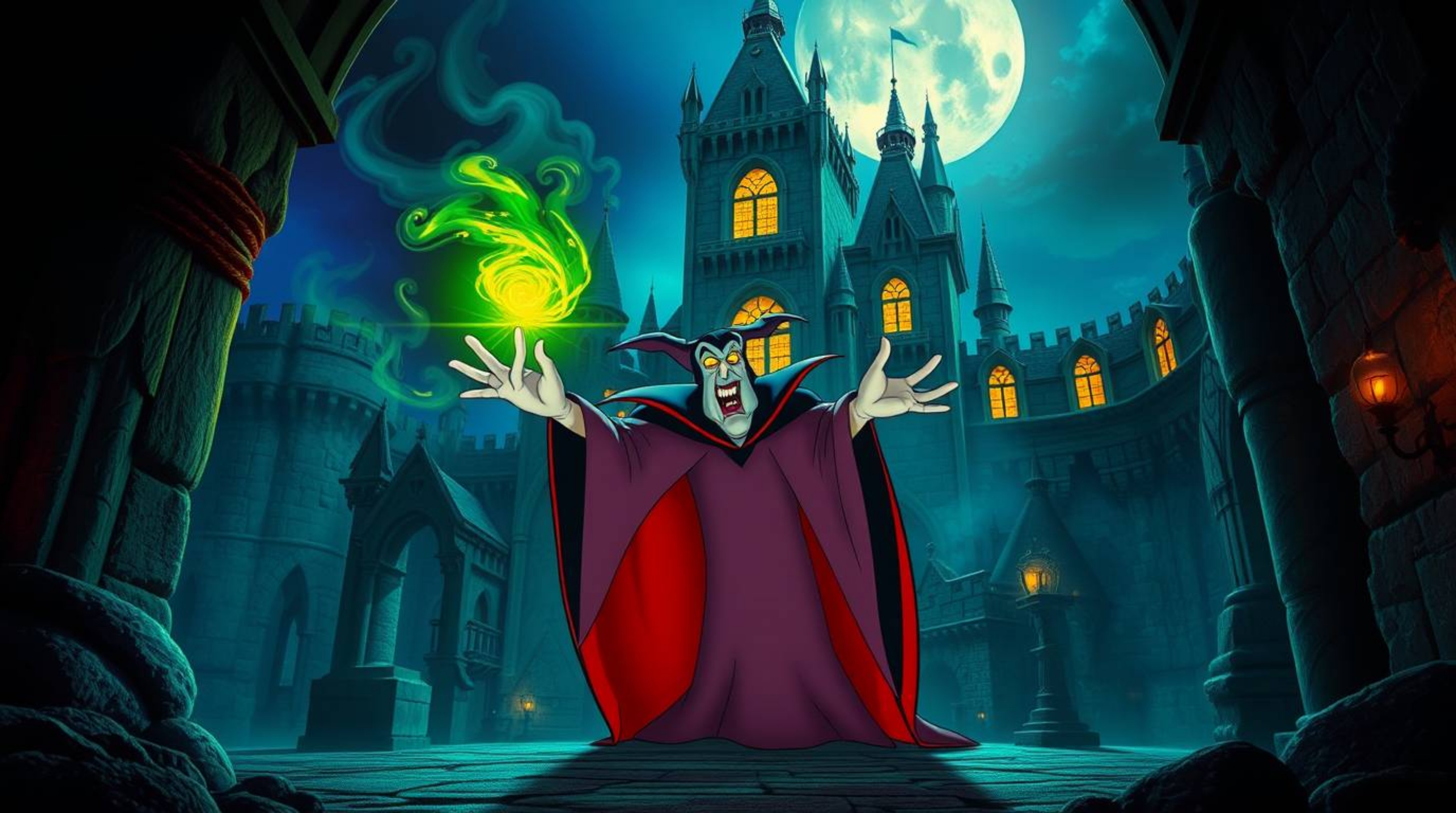 A classic Disney villain conjures a spell within the walls of an ancient castle. This vibrant artwork showcases electric colo