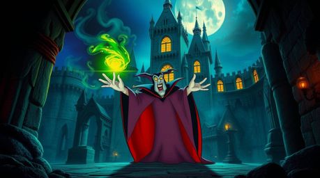 A classic Disney villain conjures a spell within the walls of an ancient castle. This vibrant artwork showcases electric colo