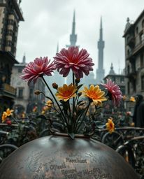 Explore the unsettling beauty of a post-apocalyptic city where vibrant flowers defiantly bloom amidst the ruins.  Imagine an 