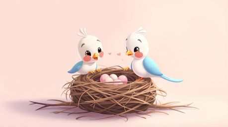 A charming scene unfolds in classic animation style, featuring two cartoon birds delicately constructing a nest.  Soft pastel