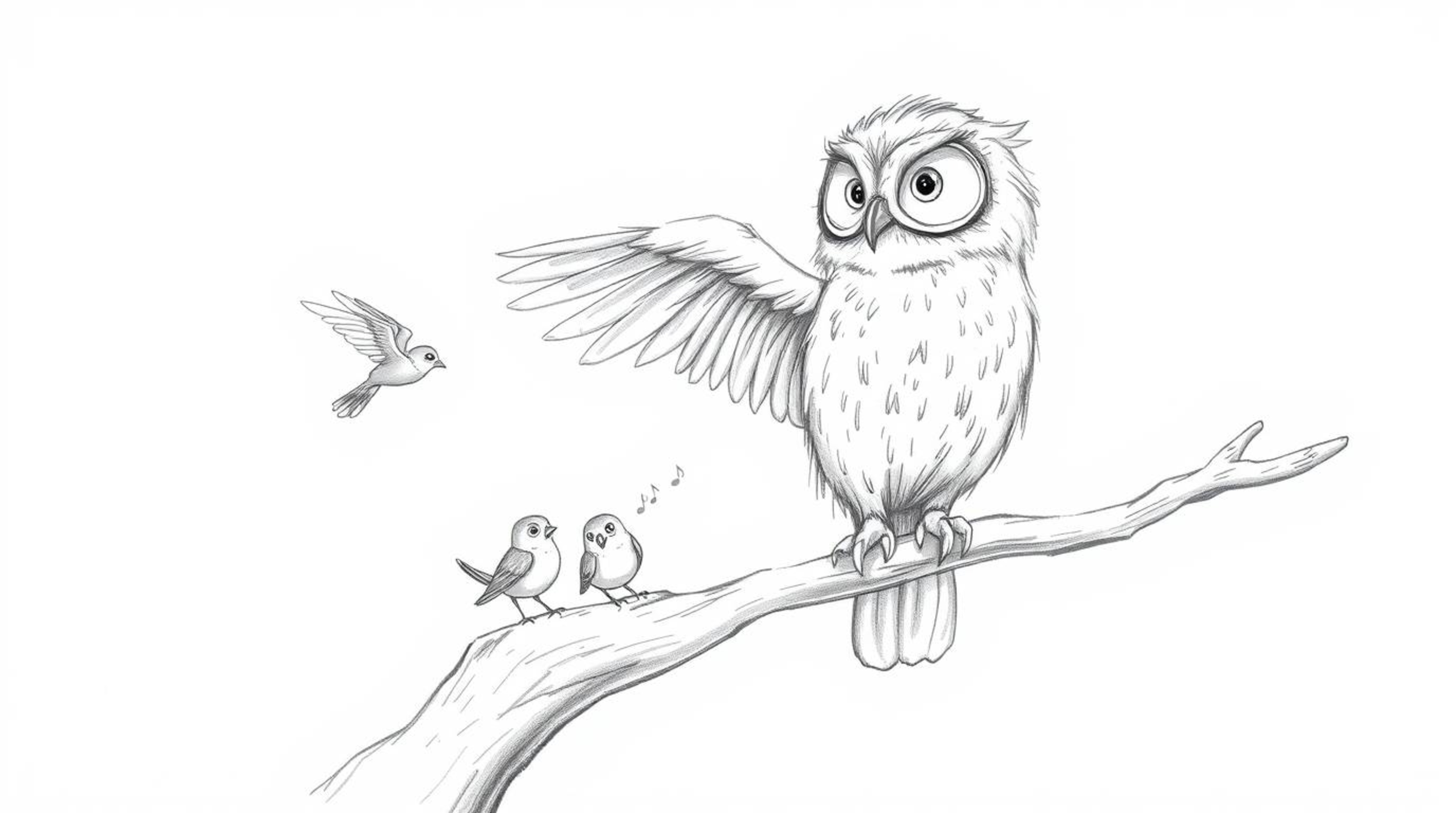A heartwarming hand-drawn sketch in the style of Pixar depicts a blind owl with soft, feathery texture, passionately teaching