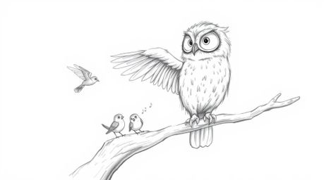 A heartwarming hand-drawn sketch in the style of Pixar depicts a blind owl with soft, feathery texture, passionately teaching