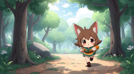 An adorable Isekai anime-style depiction of a charming chase scene.  The expressive composition features cute characters runn