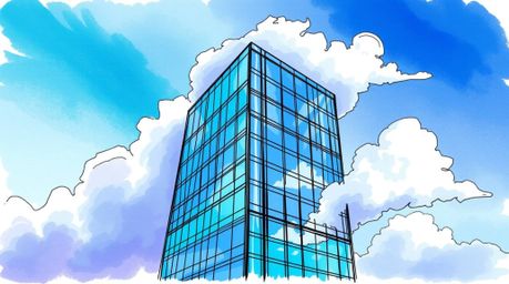 A hand-drawn color sketchnote illustration depicts a modern glass building gracefully dissolving into a vibrant sky of blues,