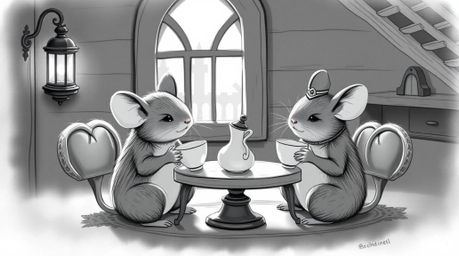 A charming black and white illustration showcasing anthropomorphic mice indulging in a delightful tea party within the comfor