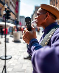 Capture the energy of a musical number in a bright town square with this high-resolution, extreme macro close-up stock photo.